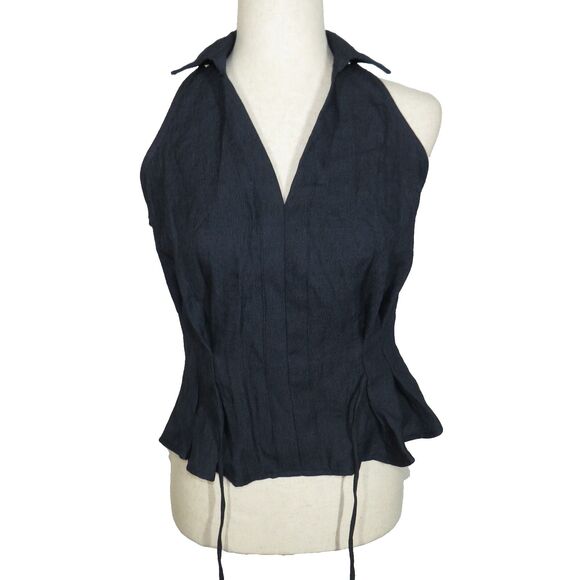 OGL Navy Linen Blend Collared V Neck Sleeveless Tie Waist Top Size Small - Picture 9 of 11